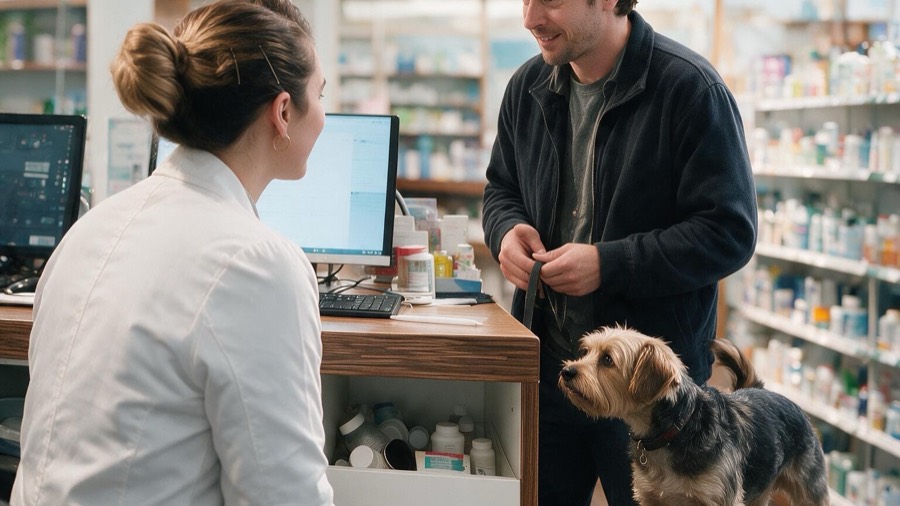 Farmacéutica atendiendo a un tutor con su perro en el mostrador