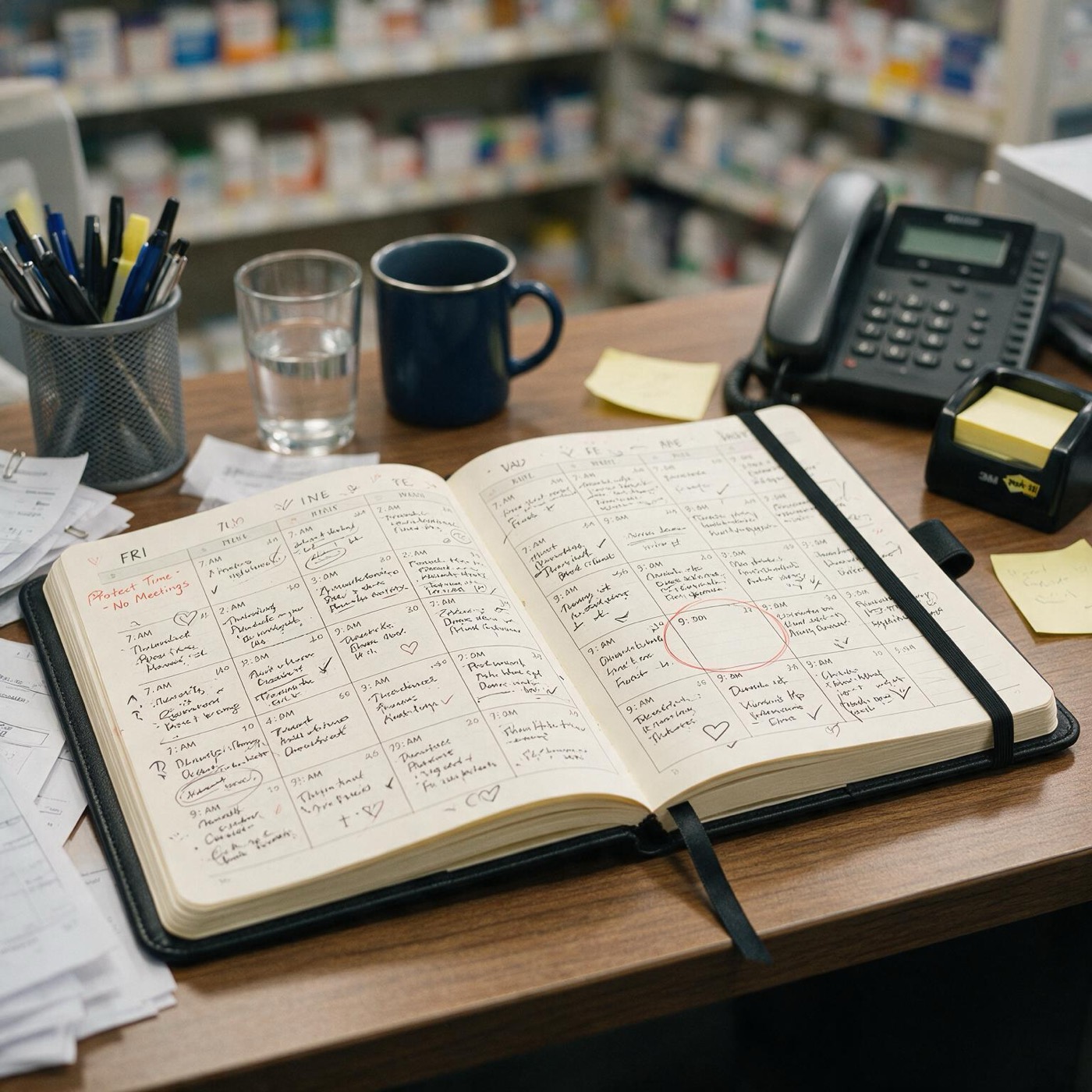 Una agenda con todas las franjas escritas y una sola en blanco